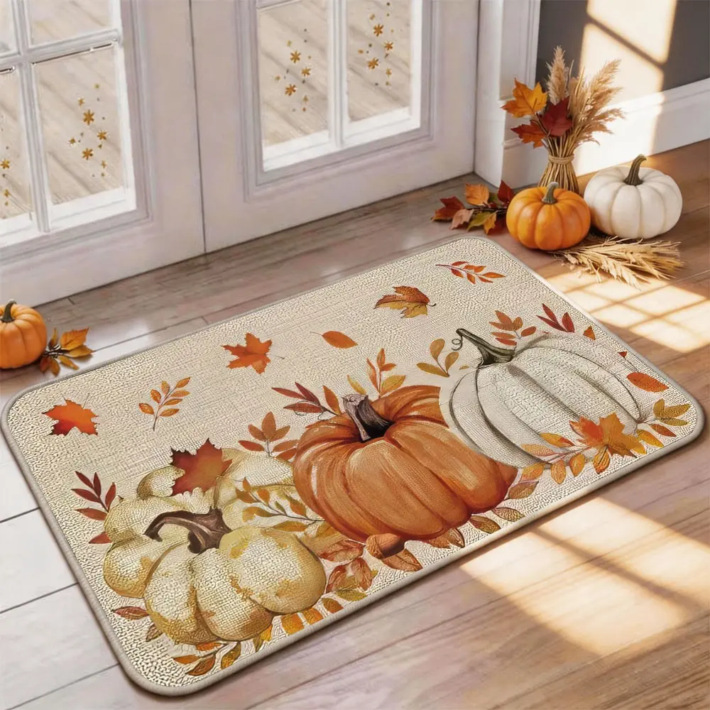 Thanksgiving Door Mat, Pumpkin Maple leaves Pattern, Non-Slip Low Profile, Kitchen Floor Mat, Party Decor, Home Decoration, Decorative Rug, Indoor Outdoor Bathroom Fall Rug, Boho Style Carpet