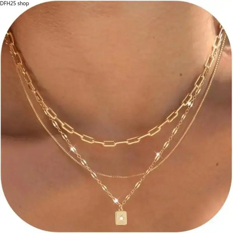 Layered Gold Box Chain Necklace Set for Women, Stackable Choker Jewelry with Delicate Pendants, Fashion Accessory for Daily Wear