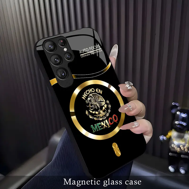 For【Galaxy S23 Ultra】Phone Case, Mexican Eagle Ethnic Totem Phone Case, Vintage Latin Culture Print Design, Shockproof & Wear-Resistant Protective Cover, Magnetic Charging Glass Case, MagSafe，Unisex Ethnic Style Phone Case.-XS9527