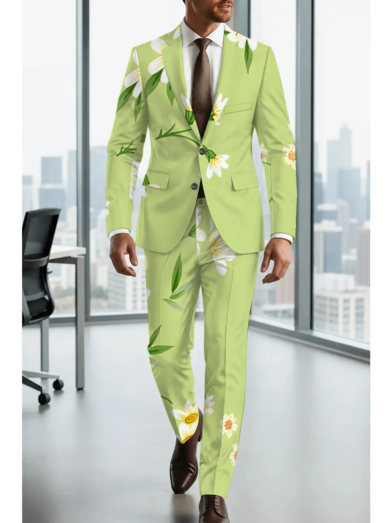 Elegant Floral Blazer & Pants Set, Chic Daisy Greenery Pattern, Casual Long Sleeve Suit, Perfect for Travel Photoshoots & Lawn Weddings