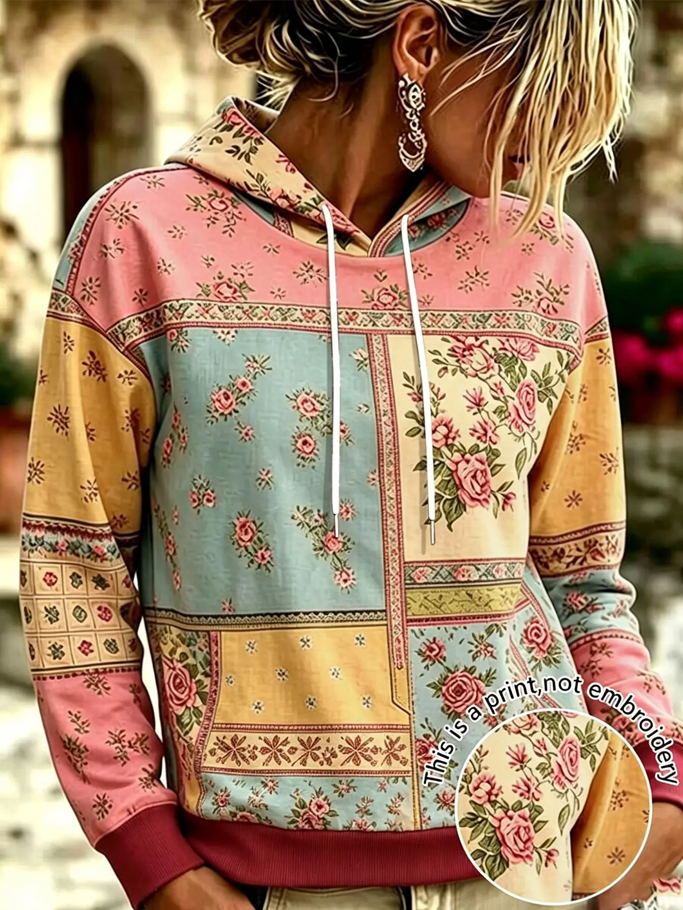 Women Vintage Floral Patchwork Hoodie, Long Sleeve Drawstring Hooded Sweatshirt, Boho Retro Rose Print Color Block Pullover, Loose Fit Soft Lightweight Casual Top, Y2K Cottagecore Aesthetic Outfit for Daily Wear, Travel, Outdoor Picnic, Street Style,