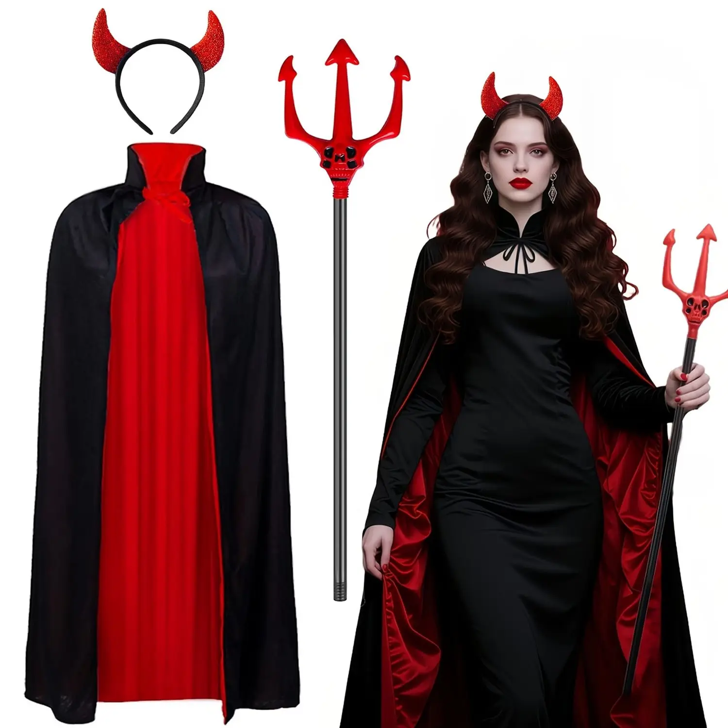 Gothic Vampire Devil Costume Set, Includes Skull Trident, Cloak, Demon Horn Headband, Unisex, Halloween Role Play