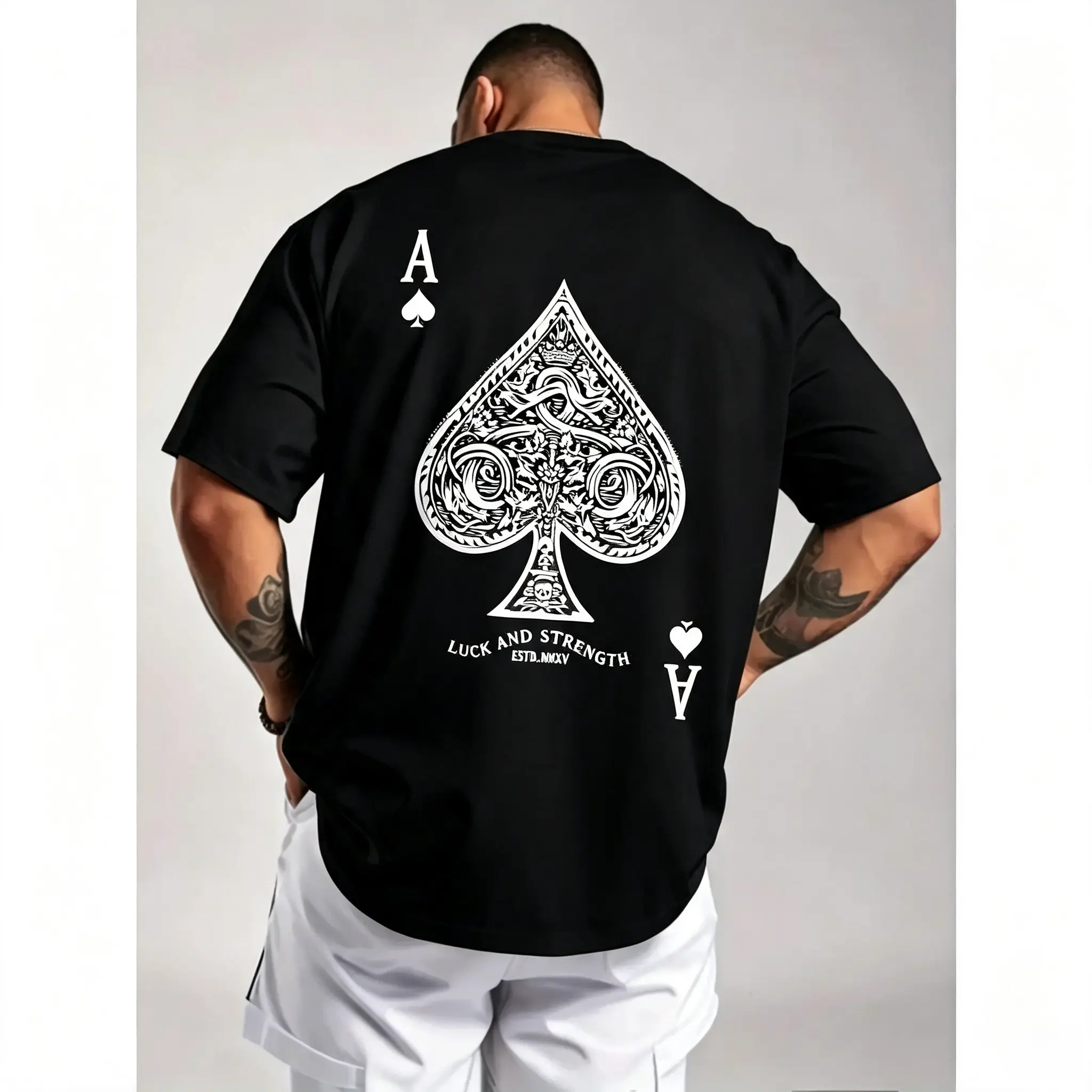 [100% Cotton] Cotton Short Sleeve  T-Shirt Ace Of Spades Poker Print Casual T-Shirt - Crew Neck, Short Sleeve, Machine Washable Men'S T-Shirt For Men And Women