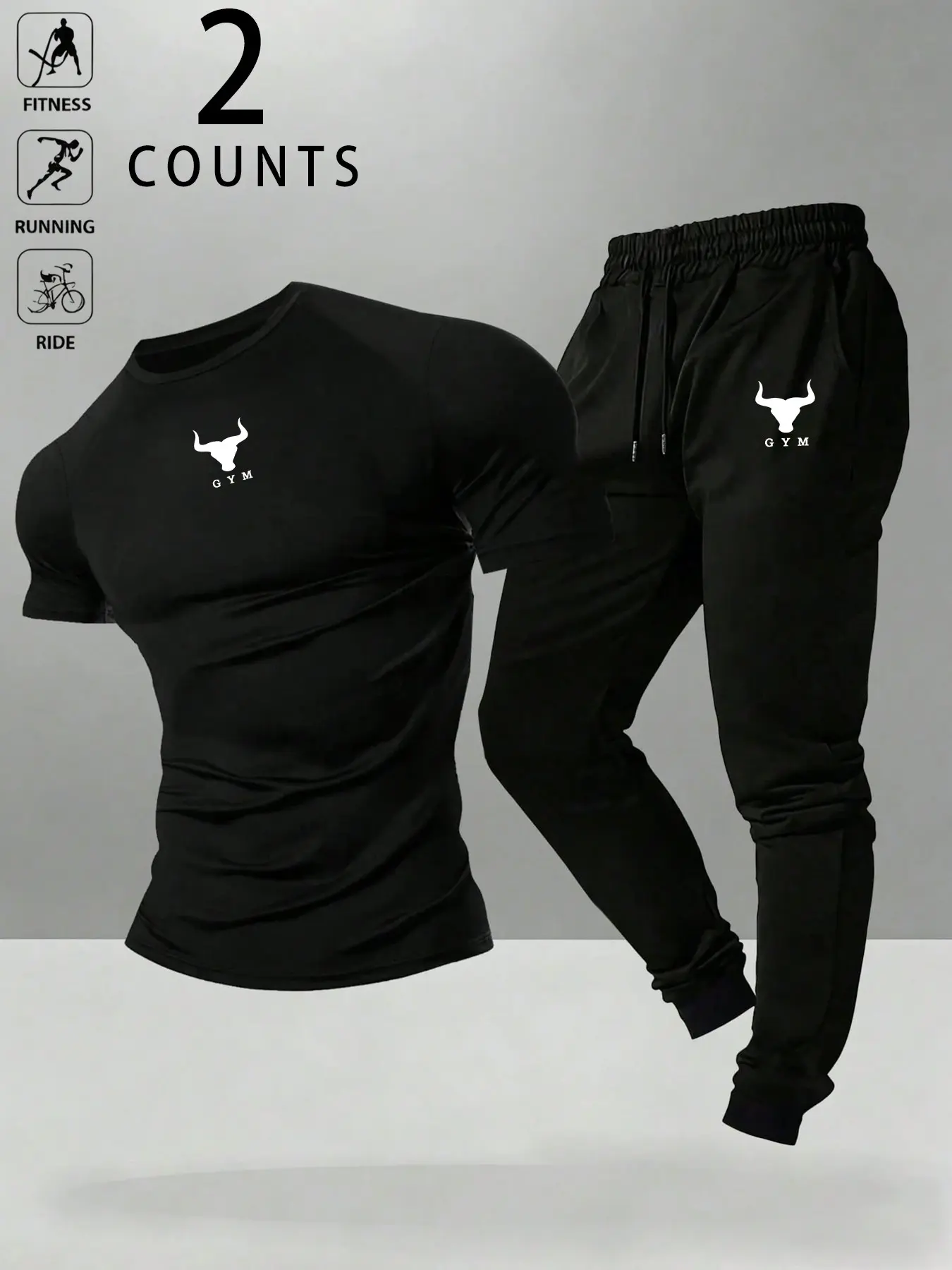 Men’s Bull Print 2 Pieces Tracksuit Set Muscle Fit Athleisure Outfit, Quick Dry Breathable Soft Short Sleeve T Shirt + Jogger Sweatpants, Multi Wear Light Outdoor Streetwear Casual Workout Suit for Fitness Running Cycling Daily Commute, Gym Sportswear