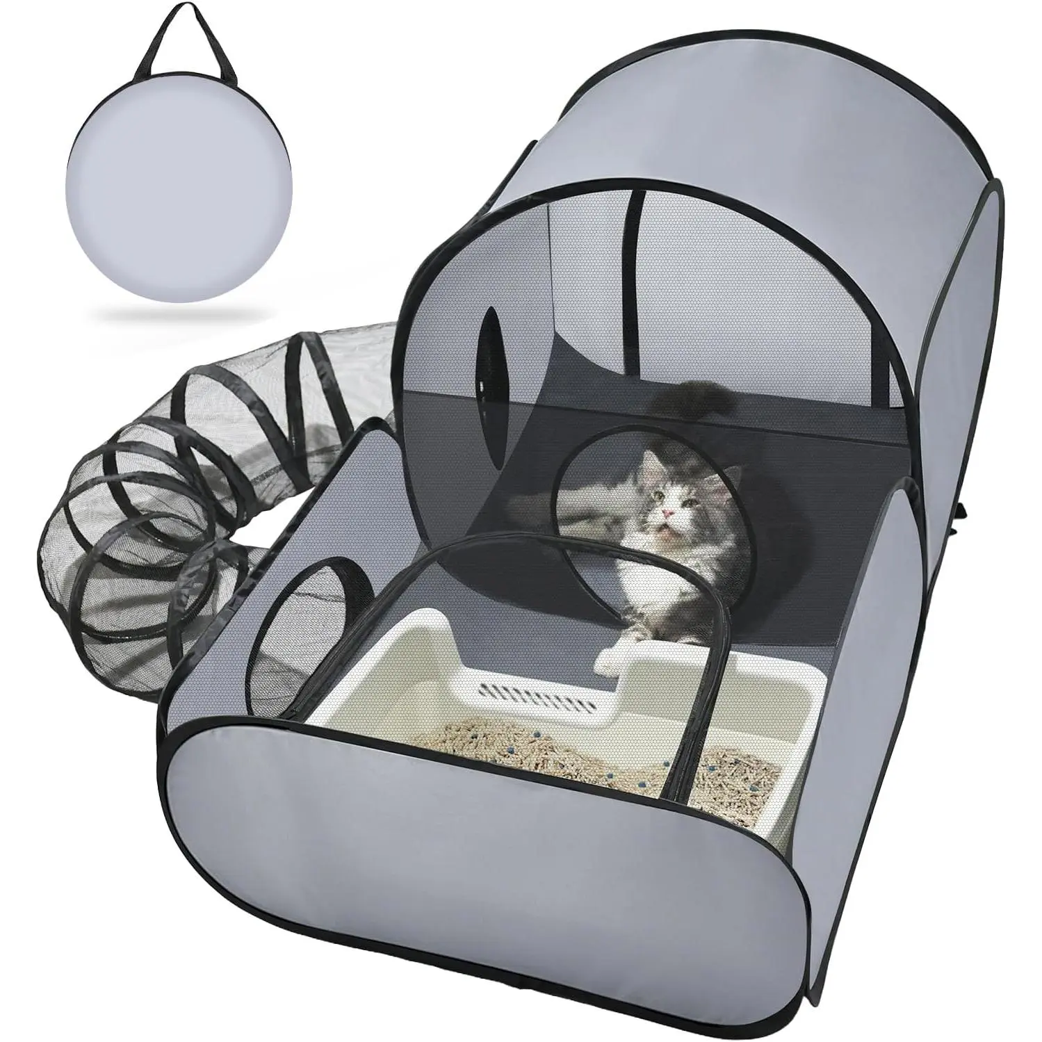 Pet Playpen with Surround Tunnel, Outdoor/Indoor Cat Playpen with Breathable Soft Sides, Cat Enclosure Tent for Small Animals, Portable Tent with Carry Bag (Medium)
