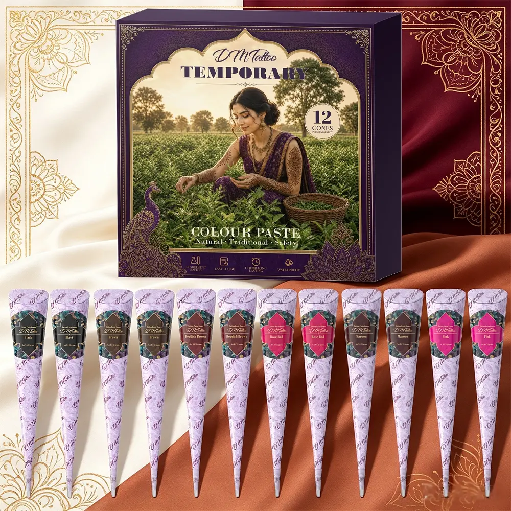 12pcs Multi Color Henna Tattoo Cone Set, Mixed Tone Cone Paste, Silky Cream No Clog Tip For Starters Freehand Mandala Vine Pattern, Gift-ready Body Painting Box For Home Music Festival & Party Aesthetic Look