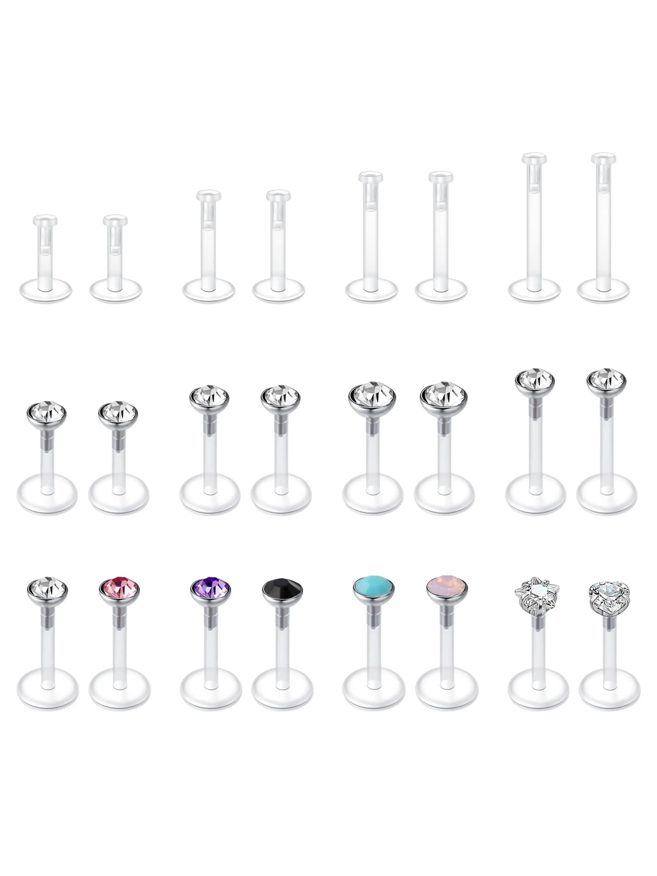 16G 24Pcs Clear Lip Labret Medusa Piercing Studs Jewelry Flat Plastic Back Lip Rings Retainer Push Fit Bioflex Piercing for Monroe Ashelry Tragus Helix Pierced Ring 6mm 8mm 10mm 12mm for Work