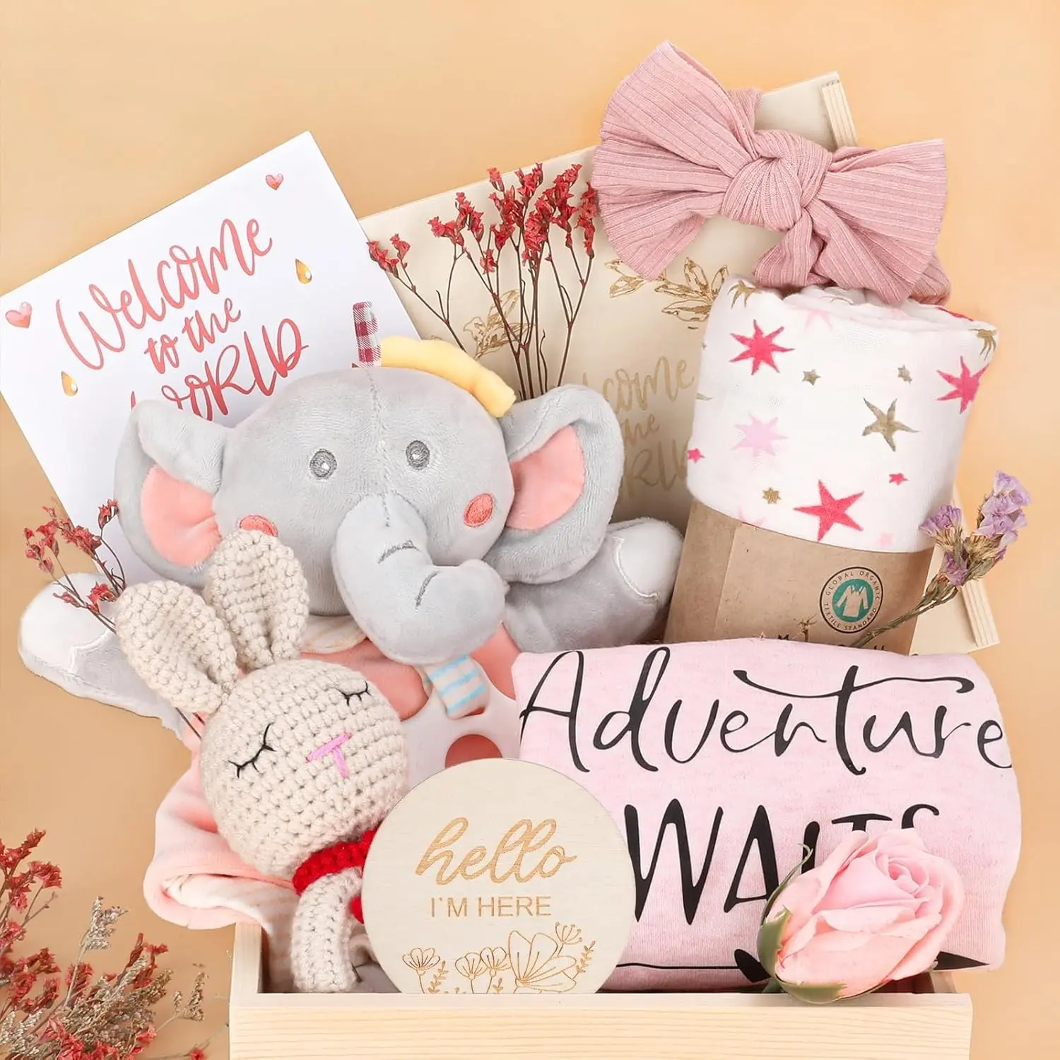 Baby Girl Gift Basket with Rattle and Swaddle Blanket, Unique Newborn Baby Shower Essentials for Girls and Gender Reveal Gifts(Gift)