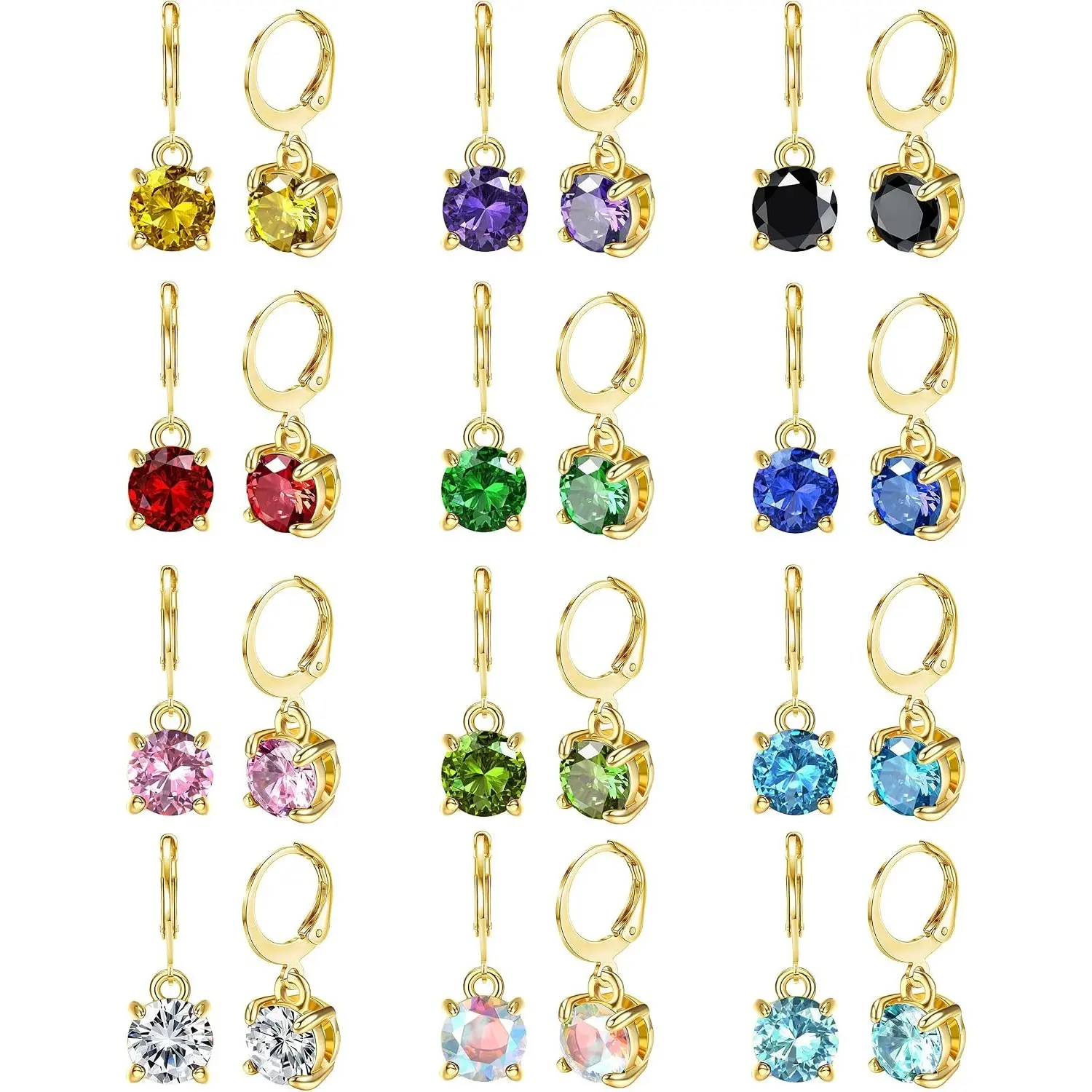 12 Pairs Leverback Dangle Earrings for Women Stainless Steel Dangle Hoop Earrings Set Multi Colored 8mm Cubic Zirconia Earrings