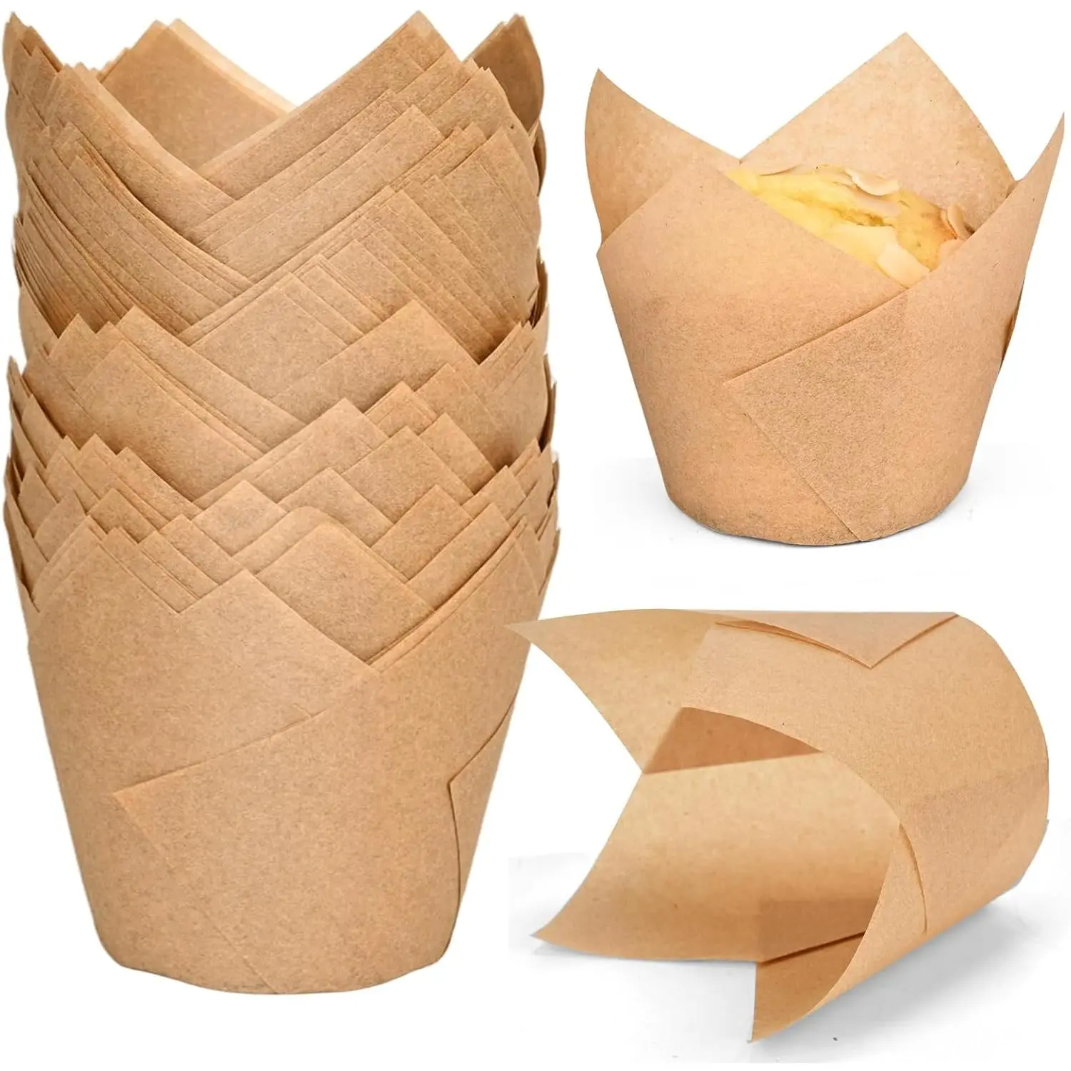 100pcs Extra Large Size Tulip Cupcake Liners for Baking Cups, Food Grade Parchment Paper Large Muffin Liners Holders, Greaseproof Cup cake Wrappers for Party, Christmas (Natural)