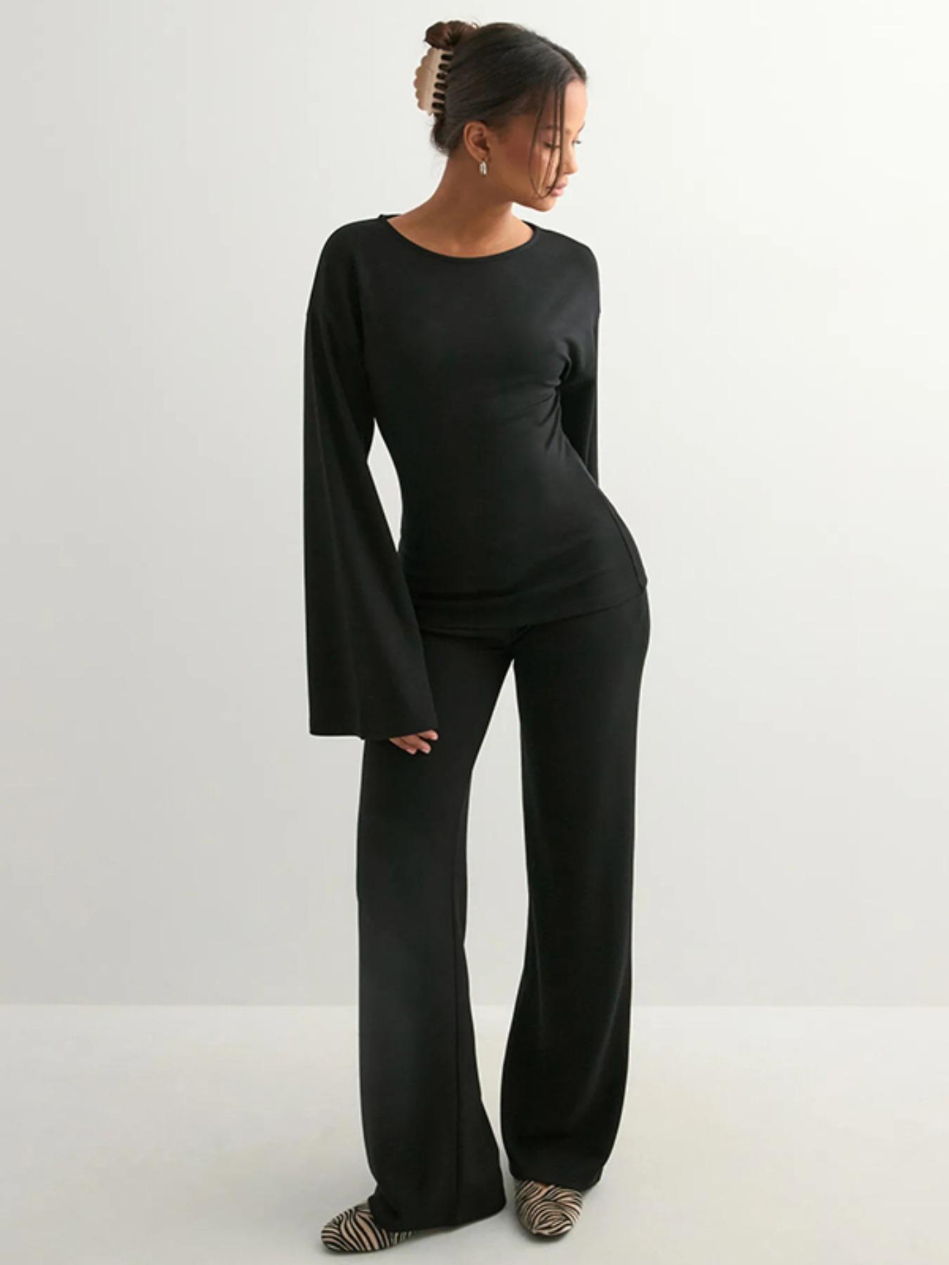 Women's New Fall Fitted Round Neck Flare Sleeve Top & Elastic Waist Straight Leg Pants Set, Casual Fashion for Daily Wear