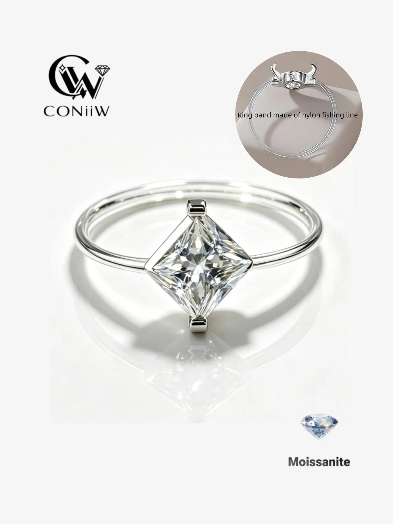 925 Silver Moissanite Engagement Ring, 1 Carat Princess Cut, Elegant and Simple Design, Perfect for Parties, Trendy and Versatile Jewelry