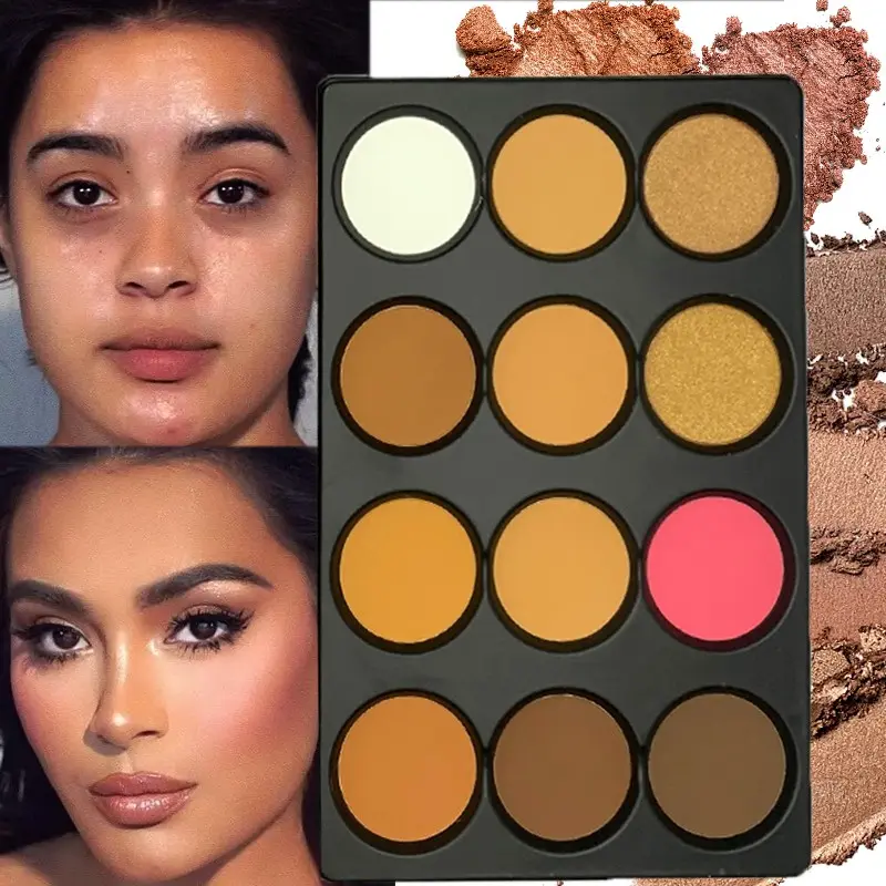 12-Color Blush Highlighter Contour Palette 🎨 Conceal + Set + Oil-Control + Highlight in One! Multi-Color Contouring & Bronzer, Sculpting Shadow & Nose Contour for 3D Look – Water-Resistant & Long-Lasting, Your Makeup Bag Hero!