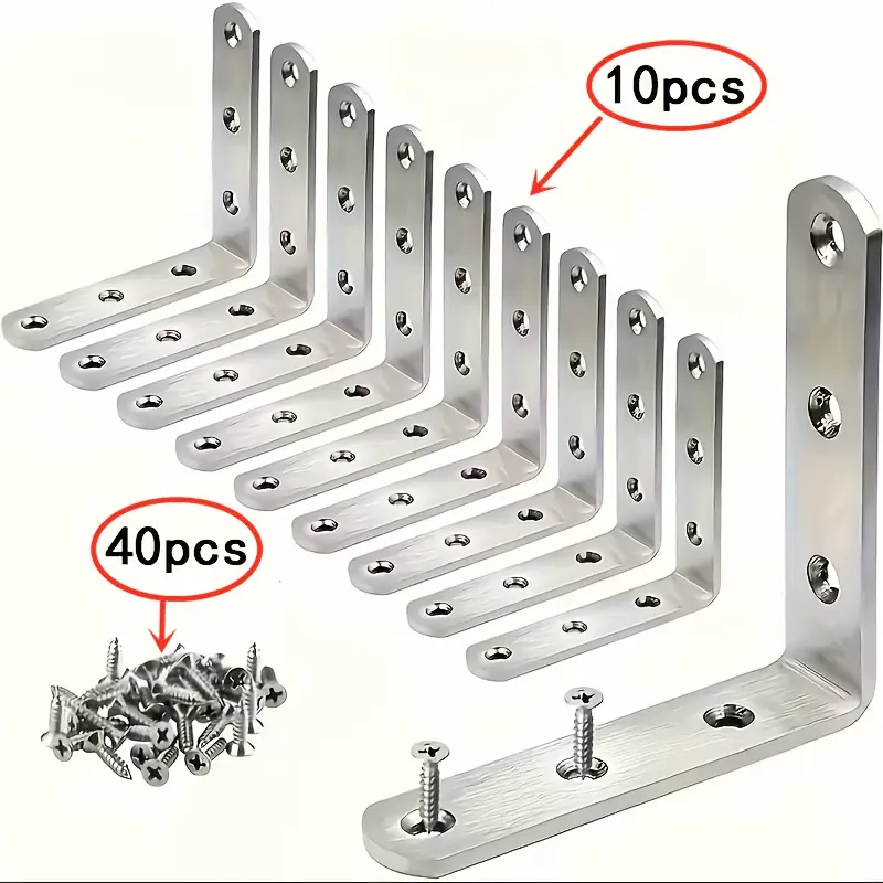 10Pcs Stainless Steel Corner Brackets with 40 Screws, 50mm 90 Degree Right Angle L Braces, Heavy Duty Metal Joint Fastener for Wood Furniture, Shelves, Chairs
