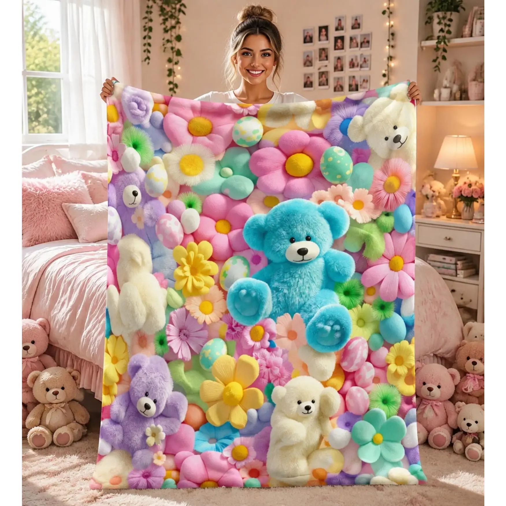 3D Pastel Animal Printed Sublimation Flannel Throw Blanket, Kawaii Colorful Plush Teddy Bear Ultra Soft Cozy Blanket for Kids Bedrooms, All-Season Decor, Trendy Birthday Gift