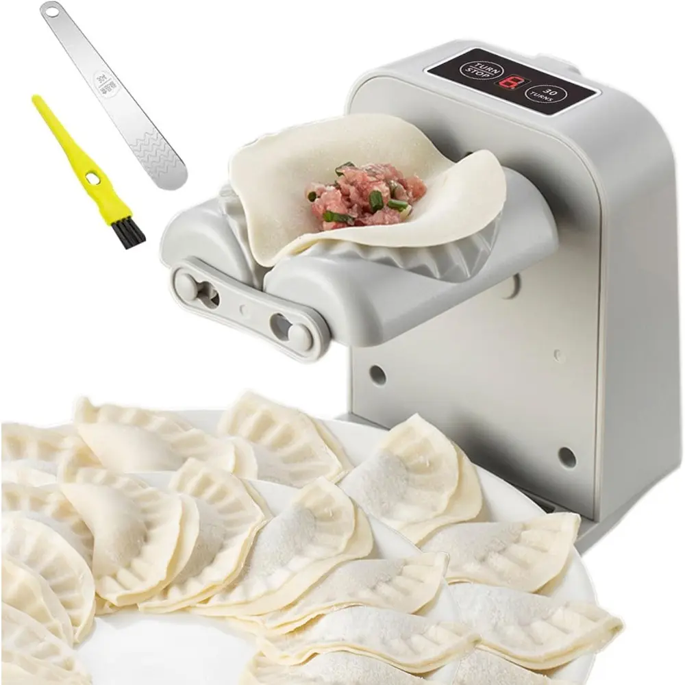 Automatic Electric Dumpling Press Maker Machine – Adjustable Easy Operate Pastry Mold with Spoon & Brush, Home Kitchen Dumpling Wrapper Maker, Time-saving Simple Control, Perfect for Jiaozi Ravioli Empanadas, White Compact Design