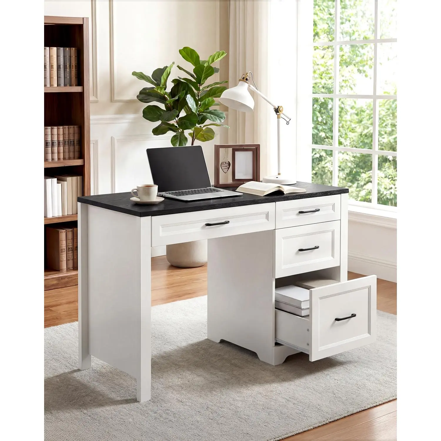 Space-Saving Executive Office Desk with File Cabinet and Storage Drawers – Compact Writing Table
