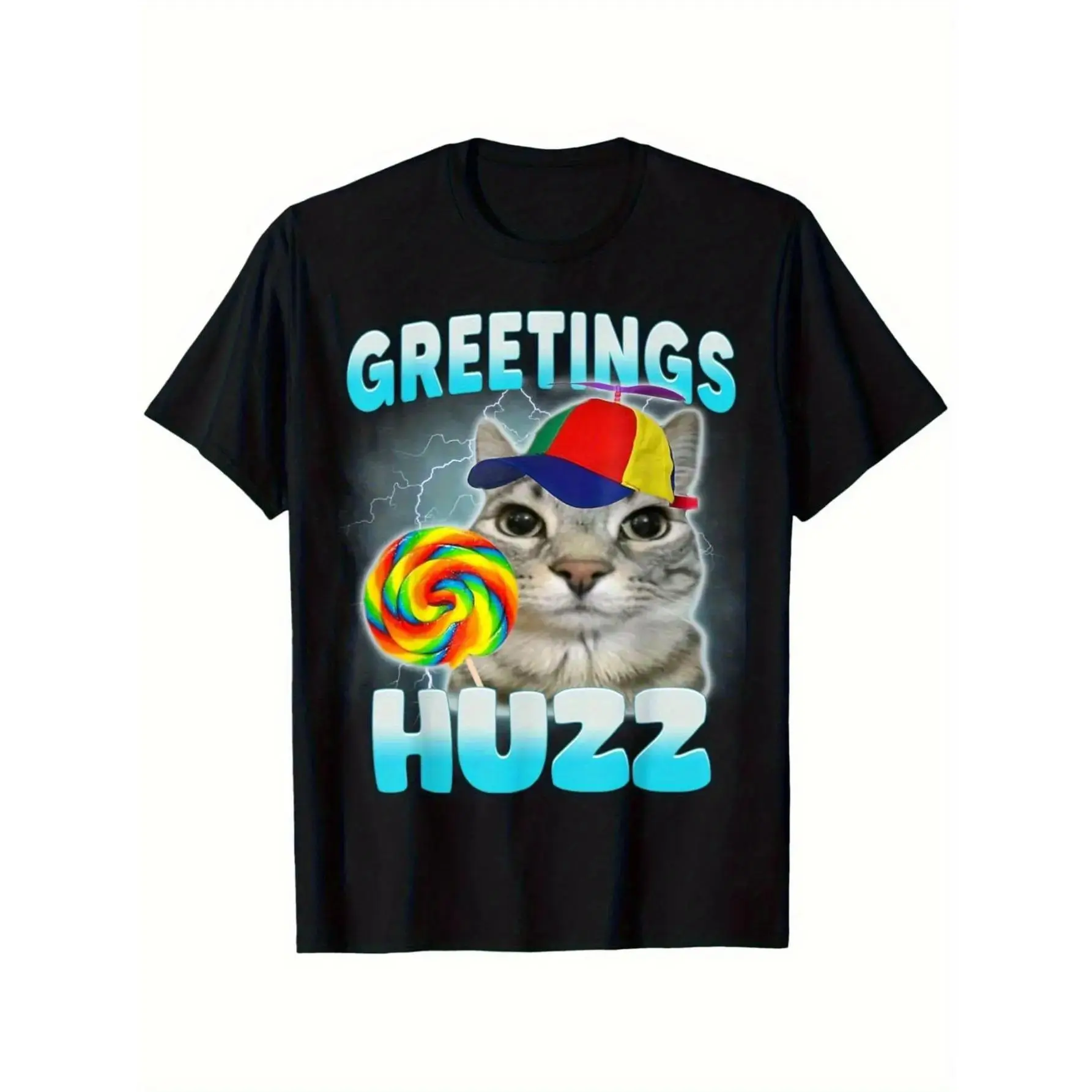 Men's Cotton Short-Sleeve Classic Menswear T-Shirt with Collar, Playful "Where The Huzz At" Cat Meme Design, Comfy Streetwear Basic Tee for Cat Lovers