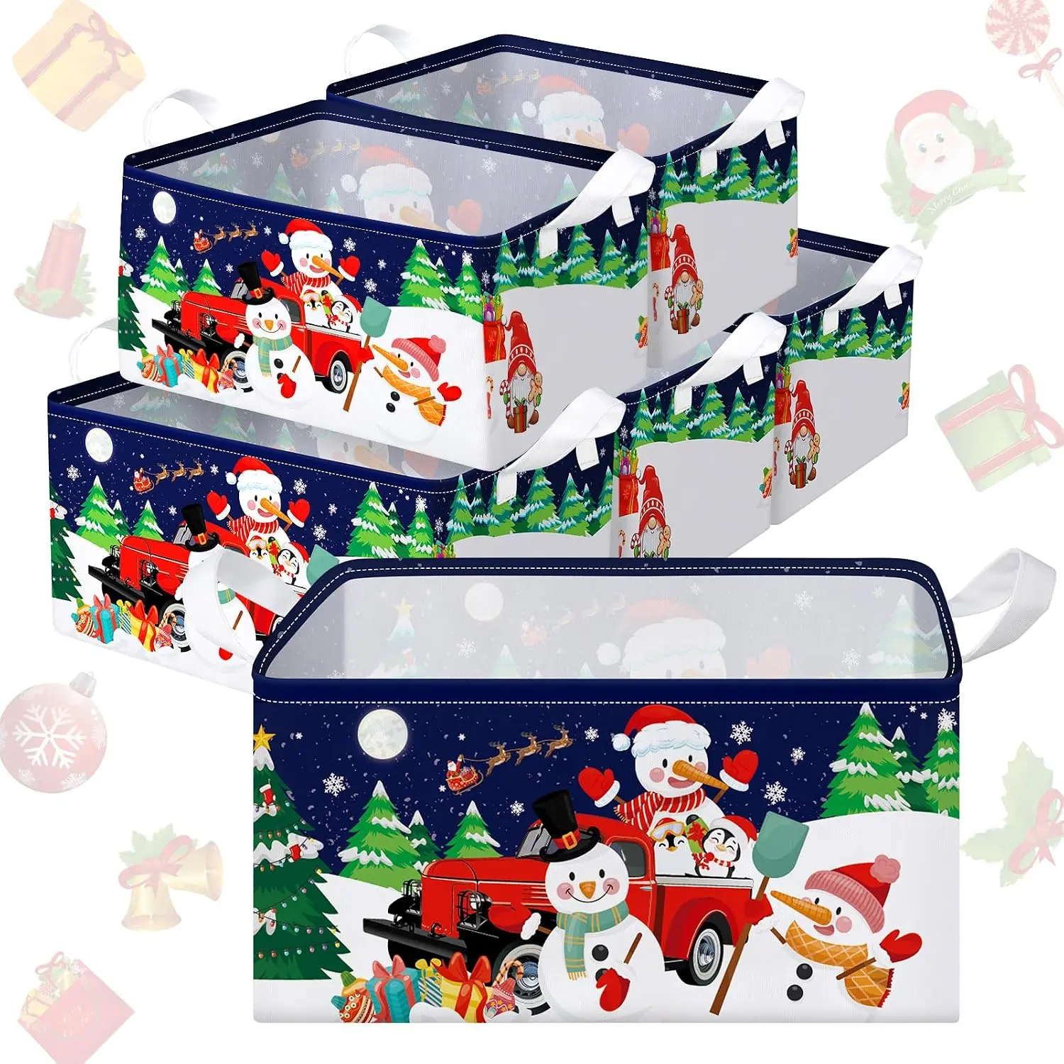 6 count Large Christmas Snowman Storage Basket Foldable Christmas  Basket Rectangle Xmas Present Storage Boxes Bin Fabric Laundry Storage Organizer with Handles for Cloth