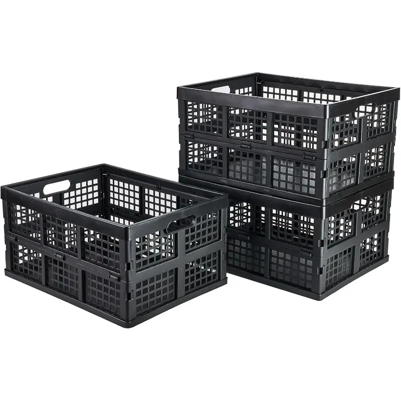 3pcs Plastic Collapsible Storage Crates-7.93gal, Foldable Plastic Crates for Storage (Black)