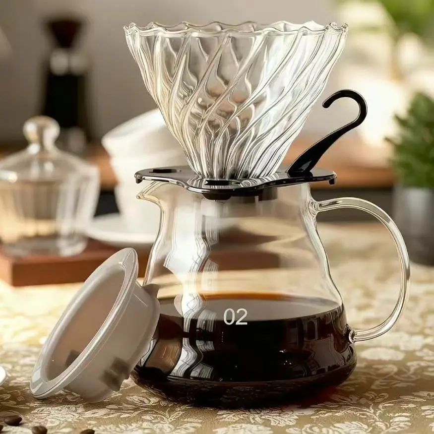 V60 Pour Over Coffee Maker Set, 2 in 1 Thickened Borosilicate Glass Coffee Server with Reusable Spiral Filter Cup, Home Coffee Tool, 360ml/600ml/800ml Heat Resistant Drip Coffee Pot with Detachable Handle, Food Grade BPA Free, Coffee Equipment