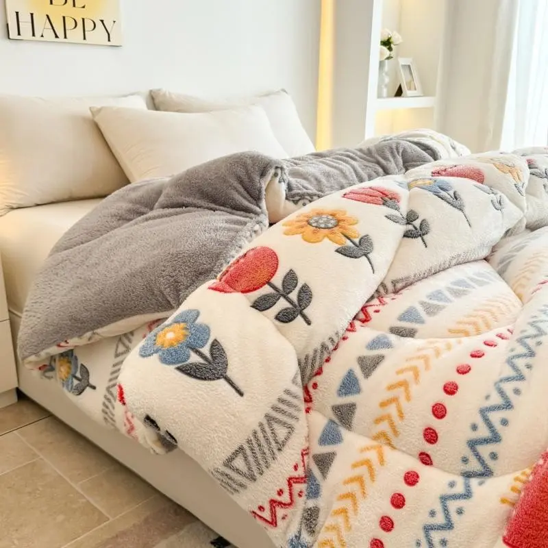 1pc Thickened Warm Splicing Quilt for Home Luxury Printed Lamb Hair Autumn and Winter Blanket Loose Polyester Quilt, Four Seasons Plus Double Bed Quilt, Quilted Polyester Quilt Core Bedding Soft and Comfortable Soft Quilts