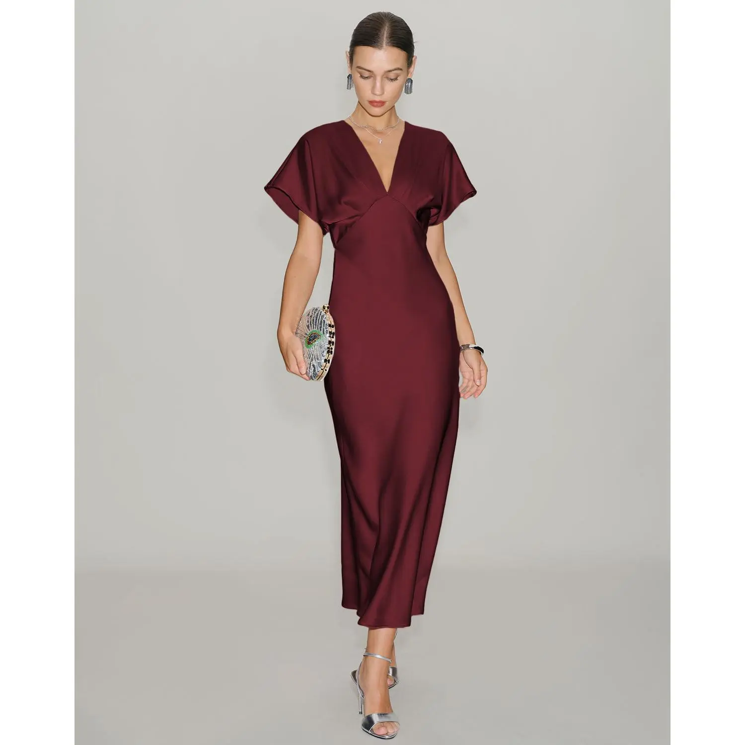 Wine Red Satin Cowl Sleeve Midi Dress