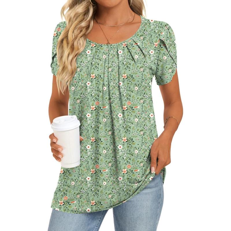 Womens Tops 2026 Spring Summer Tunic Short Sleeve Casual Shirts Pleated Blouses for Leggings M-3XL
