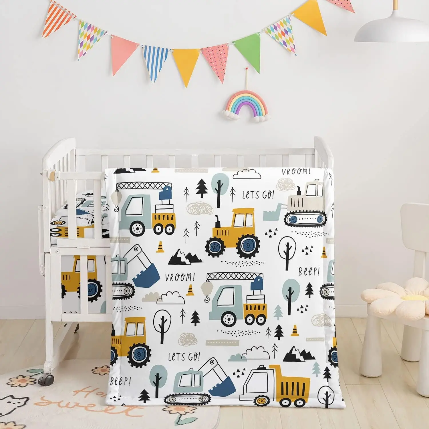 3 Pieces Crib Bedding Set, Watercolor Butterfly Printed Nursery Bedding with Comforter, Crib Sheet & Crib Skirt, Suitable for Baby Boys and Girls (Truck)