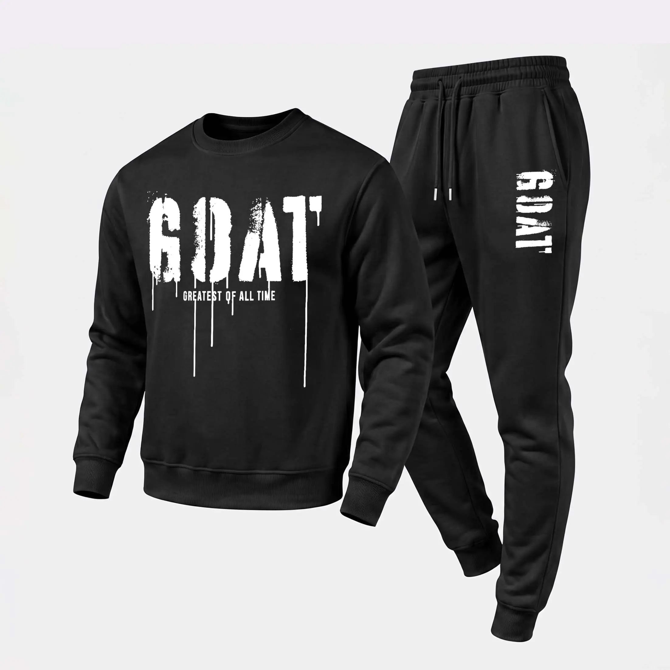 Men's Goat - Greatest Of All Time Graphic Crewneck Sweatshirt and Jogger Pants Set, Casual Long Sleeve Pullover with Drawstring Sweatpants, Fall Winter Tracksuit for Daily Wear, Travel, Lounge, Workout and Indoor Outdoor Activities