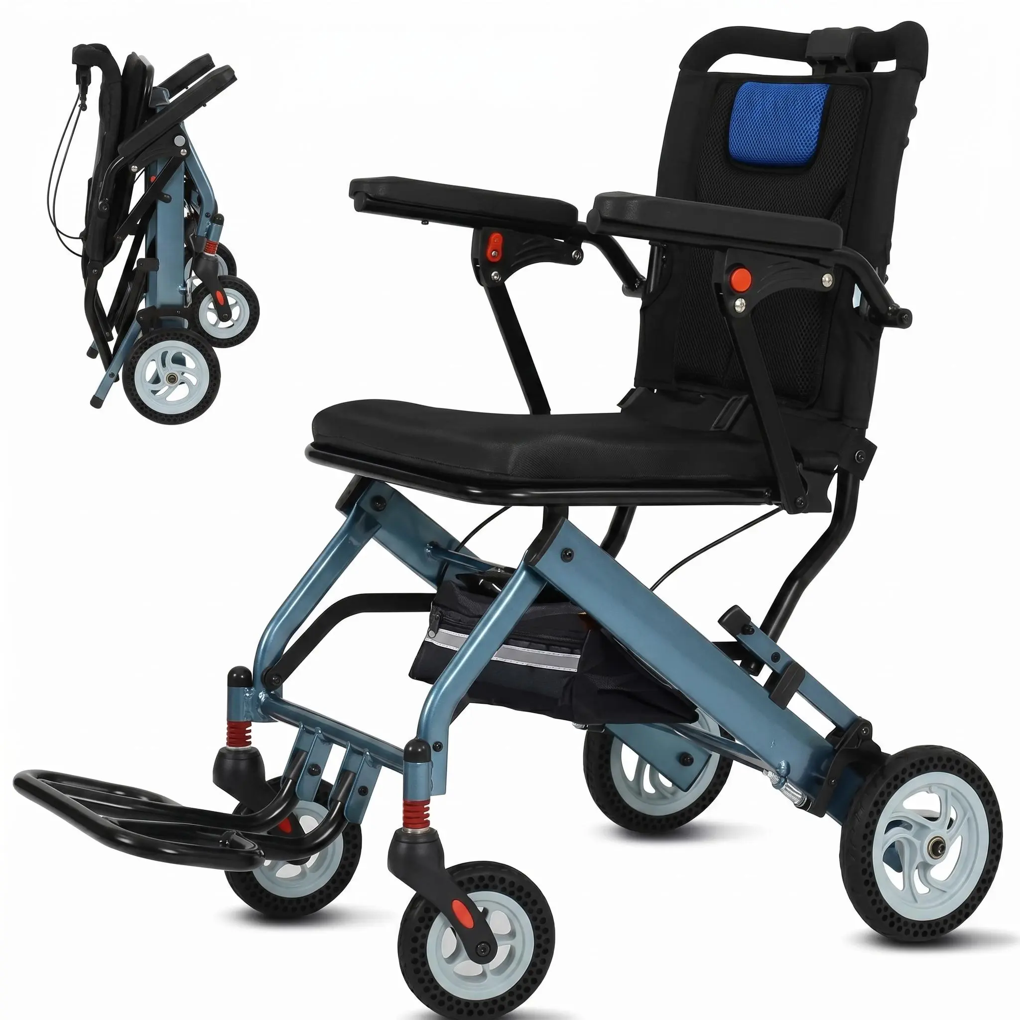 Transport Chairs for Seniors, Ultralight Wheelchair, Portable Wheelchair Lightweight Folding, Wide Frame Shock-Absorbing Travel Wheelchair with 8" PVC Rear Wheels, 16" Seat, Black Blue