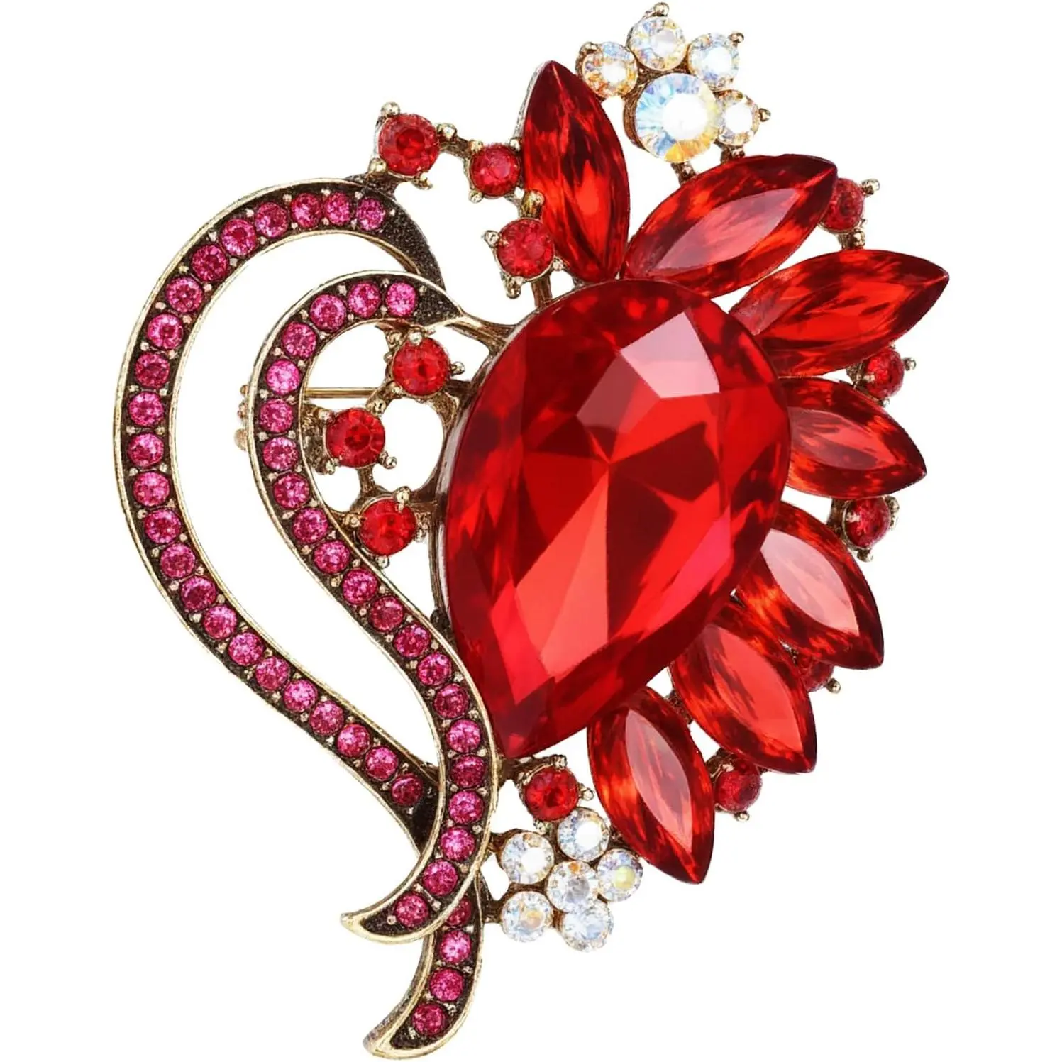 Red Brooches for Women, Elegant Red Rhinestone Brooch Sparkling Heart Brooch for Wedding Party Ceremony Valentine's Day