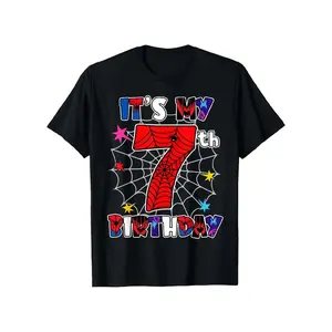Men's 7th Birthday Spider Graphic Fashion Tee - Funny Graphic Tees, Menswear, Casual Short-Sleeve, Y2K Oversize Lightweight Double Print, Acid Valentine Gift for 7-Year-Olds