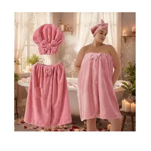 Female Plus Size Cozy Solid Bathroom Accessory Set - Bath Skirt, Shower Cap, Adjustable Bath Towel Wrap, Spa-Friendly Personalized Fit Alternative to Traditional Bathrobe