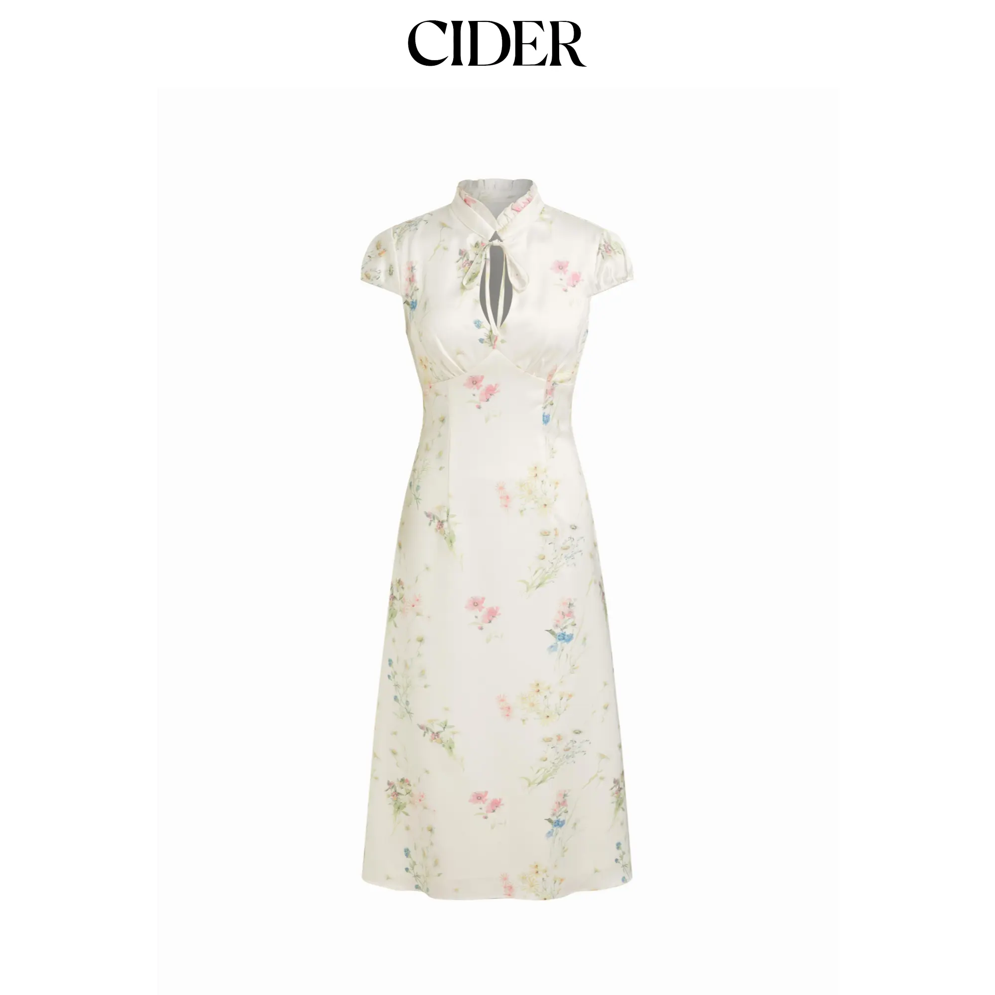 Cider Satin Floral Mandarin Collar Tie Front Maxi Mandarin Dress