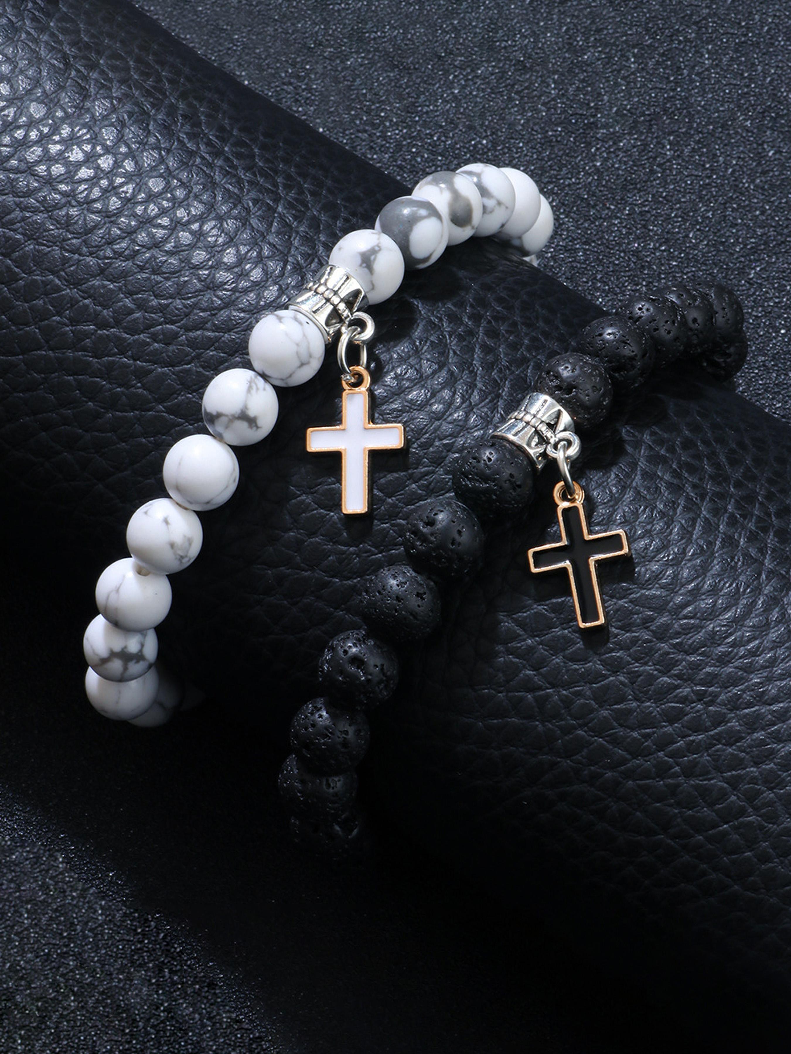 Stone & Cross Charm Decor Beaded Bracelets Set, Fashionable Jewelry for Women & Men, Trendy All-match & Exquisite Jewelry for Birthday Gift, Stackable Bracelets