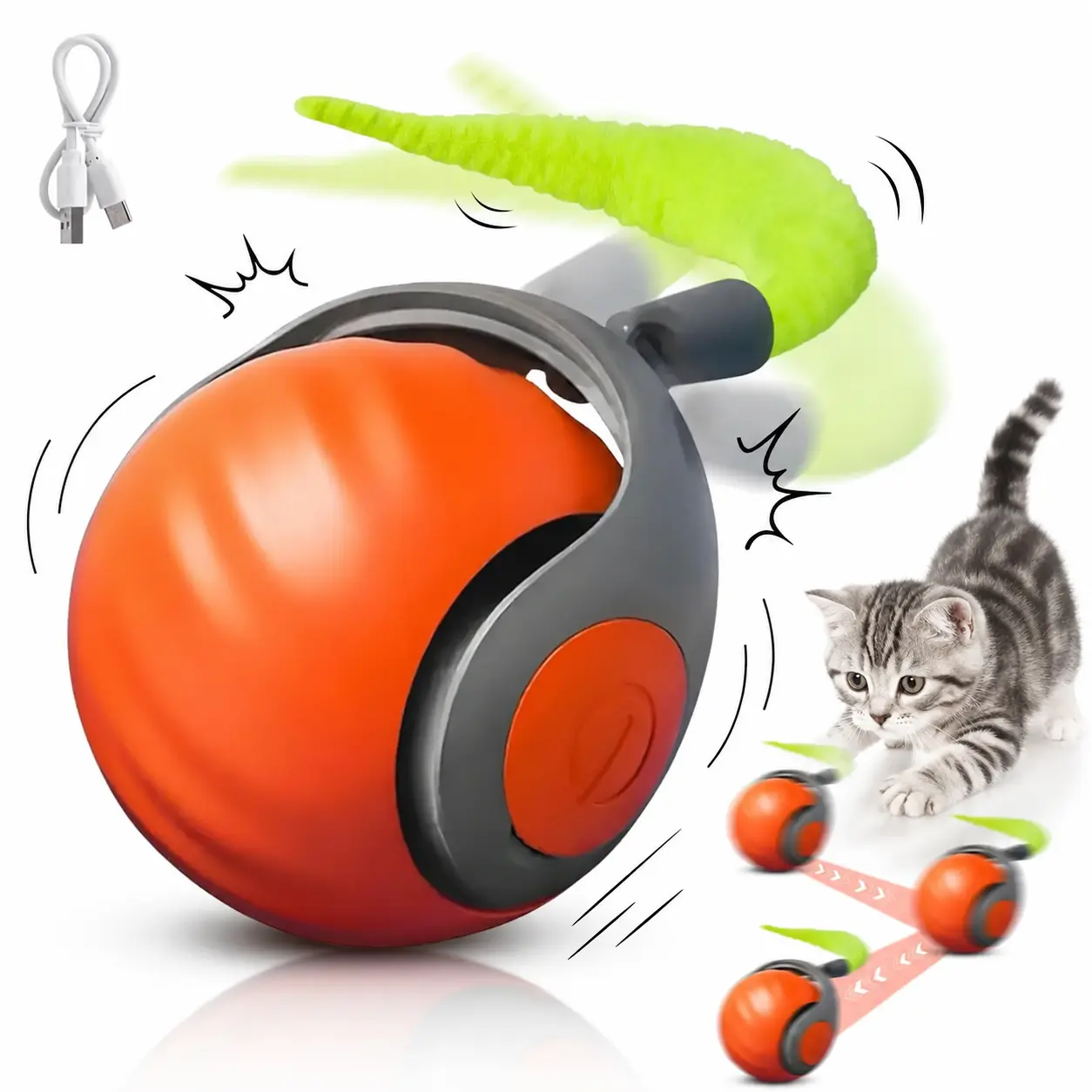 Silicone Automatic Rolling Ball Cat Toy - Type-C Rechargeable Mini Ball Playful Interactive Chaser Kitty Teaser,  Smart Interactive Kitten Rolling Ball,  Rechargeable Smart Interactive Toy for Indoor Cats, Boosts Exercise, Stimulates Hunting Instinct