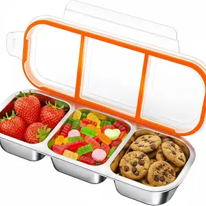 Stainless Steel Bento Box with Snack Storage, Reusable Three-Compartment Metal Lunchbox, Food Organizer with Lid, Single Pack