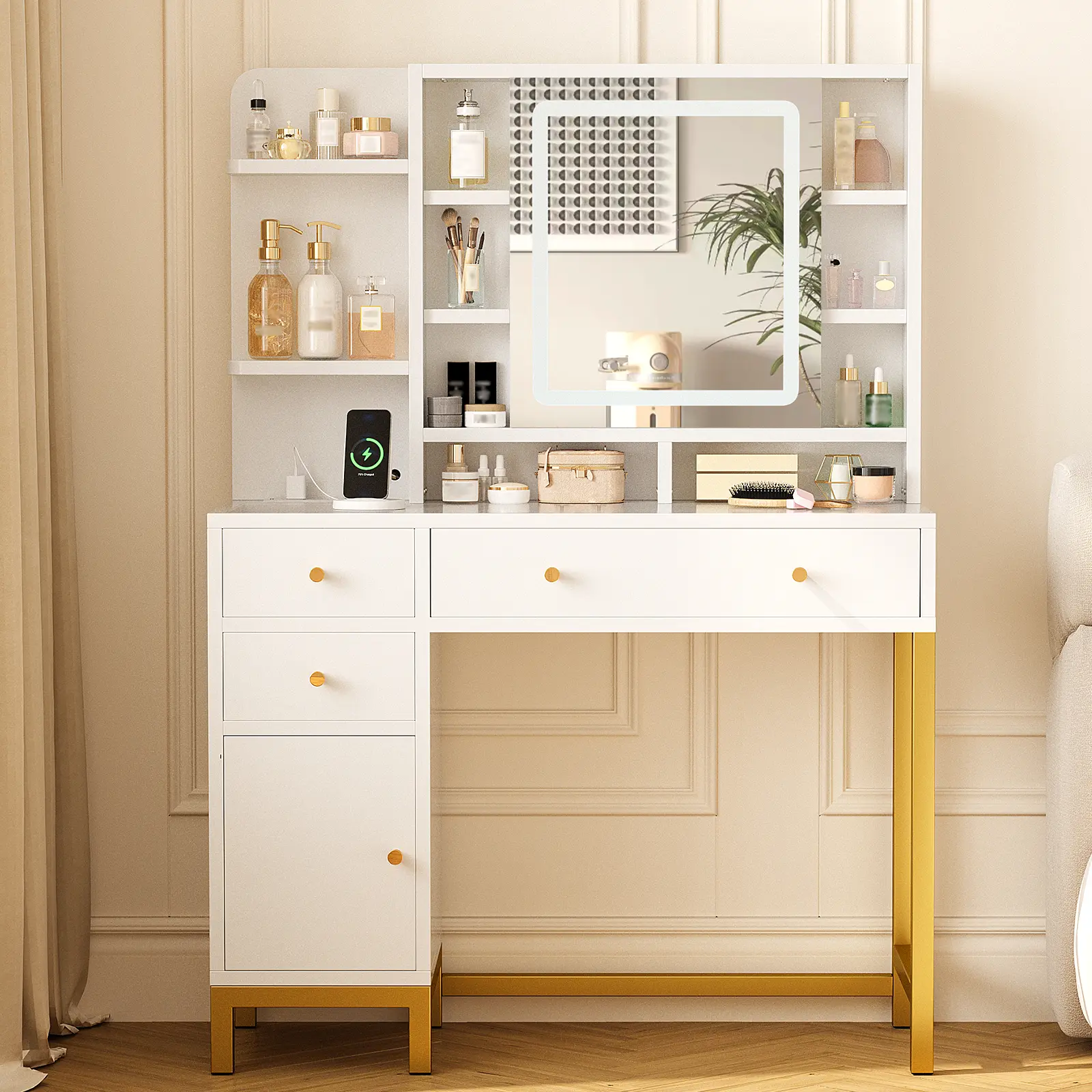 Wooden Makeup Vanity Desk with Mirror with Lights, 3 Drawers, and Charging Station - Modern Indoor Furniture for Bedroom, Dressing Table