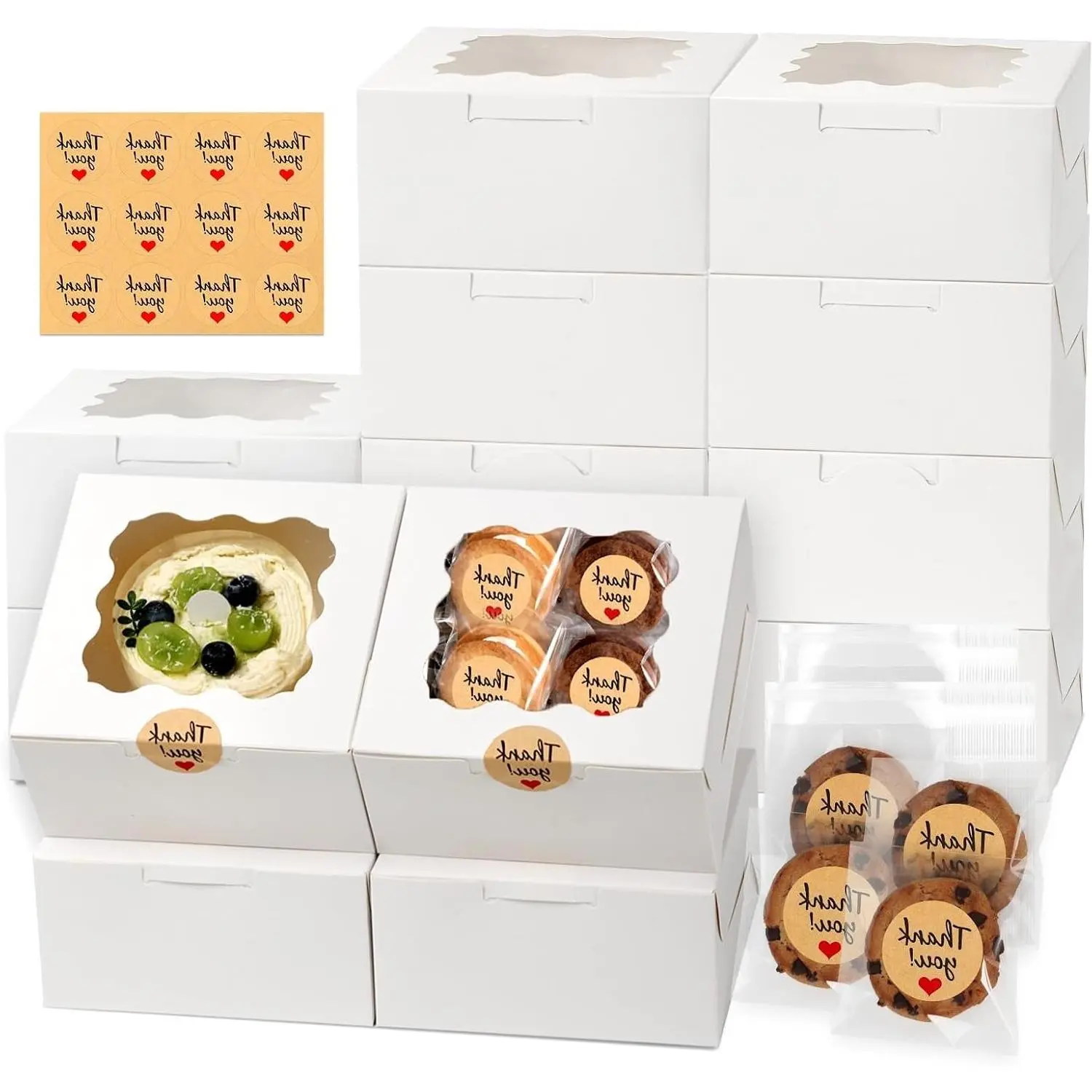 12 Pcs 6x6x3 Inch White Window Cookie Boxes, Easy to Assemble, with 50 Cookie Bags and 12 Stickers for Dessert Pastry, Donuts, Cupcakes, Christmas, WeddingGift