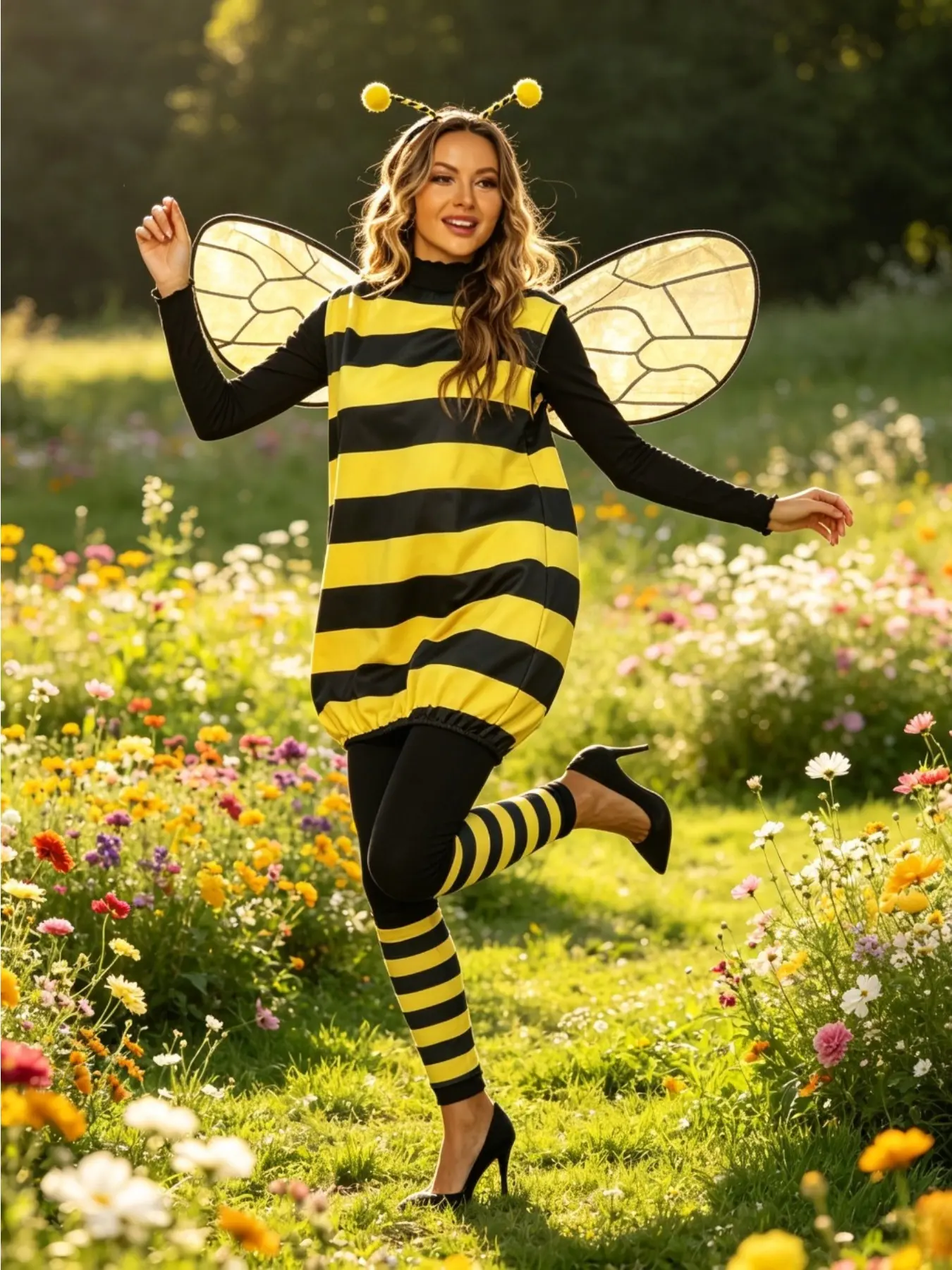 Halloween Adult Cosplay Outfit Bee Ladybug Red Polka Dot Jumpsuit Matching Headwear Dress Up