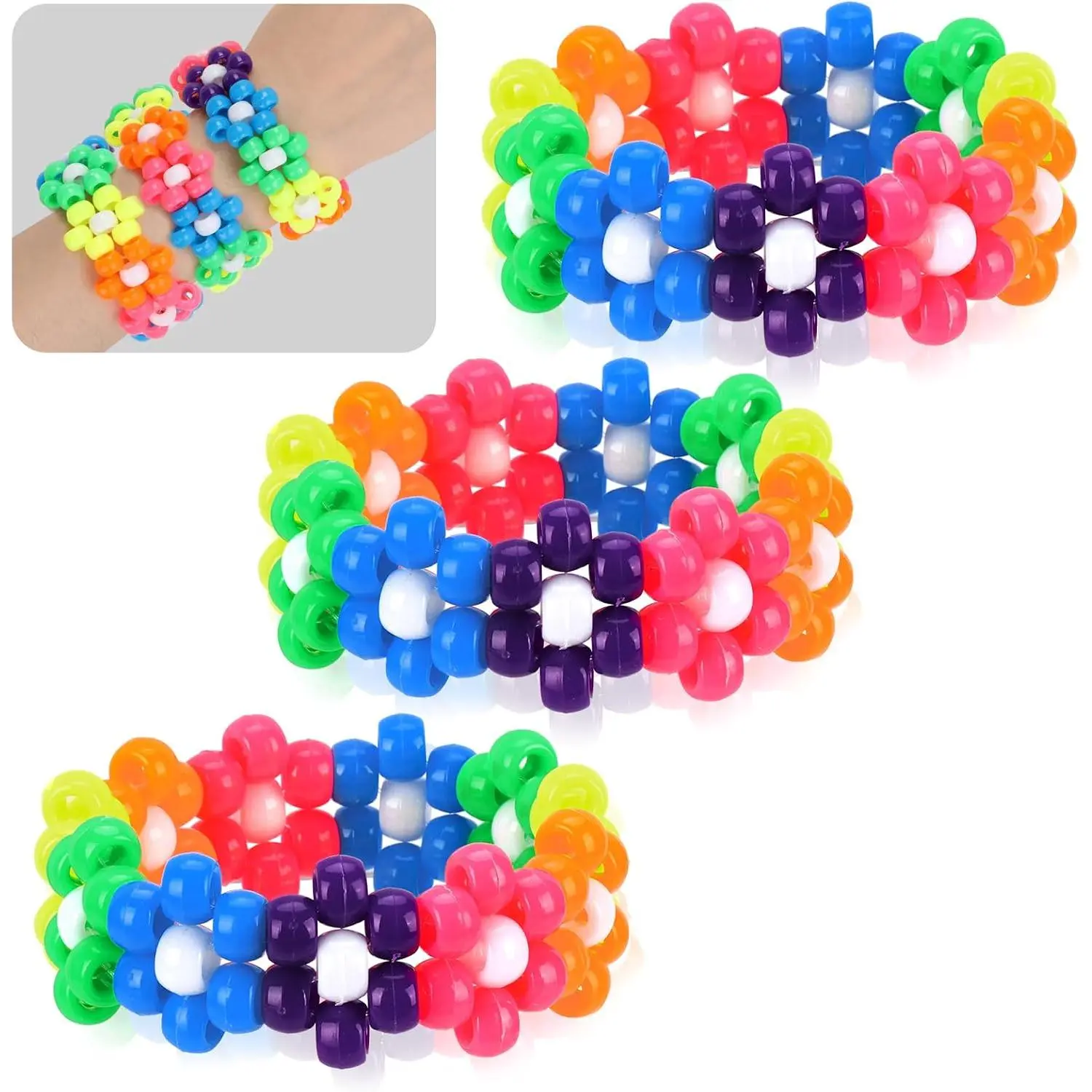 Floral Beaded Cuff Bracelets, 3-Piece Stretch Bead Set for Women in Neon Colors like Pinks & Oranges, Rave Jewelry for Festival Trading Culture, Bead Set Bracelets & Bangles, Arm Cuffs Bracelets & Bangles