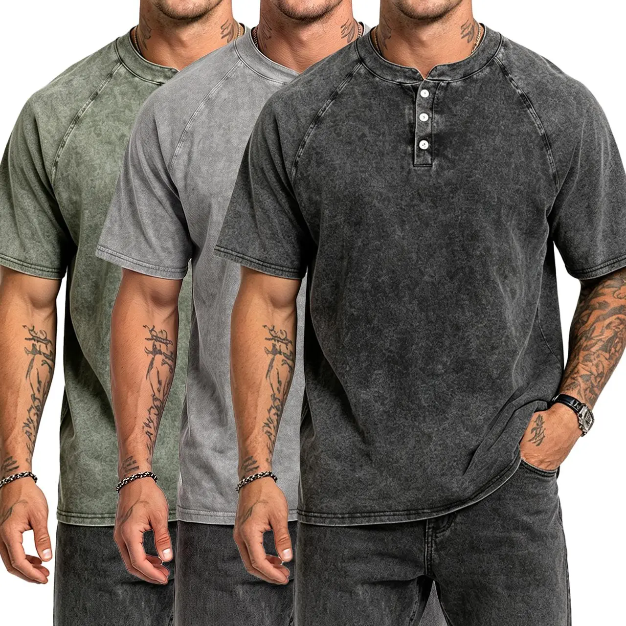 Men's Henley Shirt 2/3 Pack, Vintage Washed Short-Sleeve Top with Button Placket, Relaxed Fit for Casual Everyday Wear