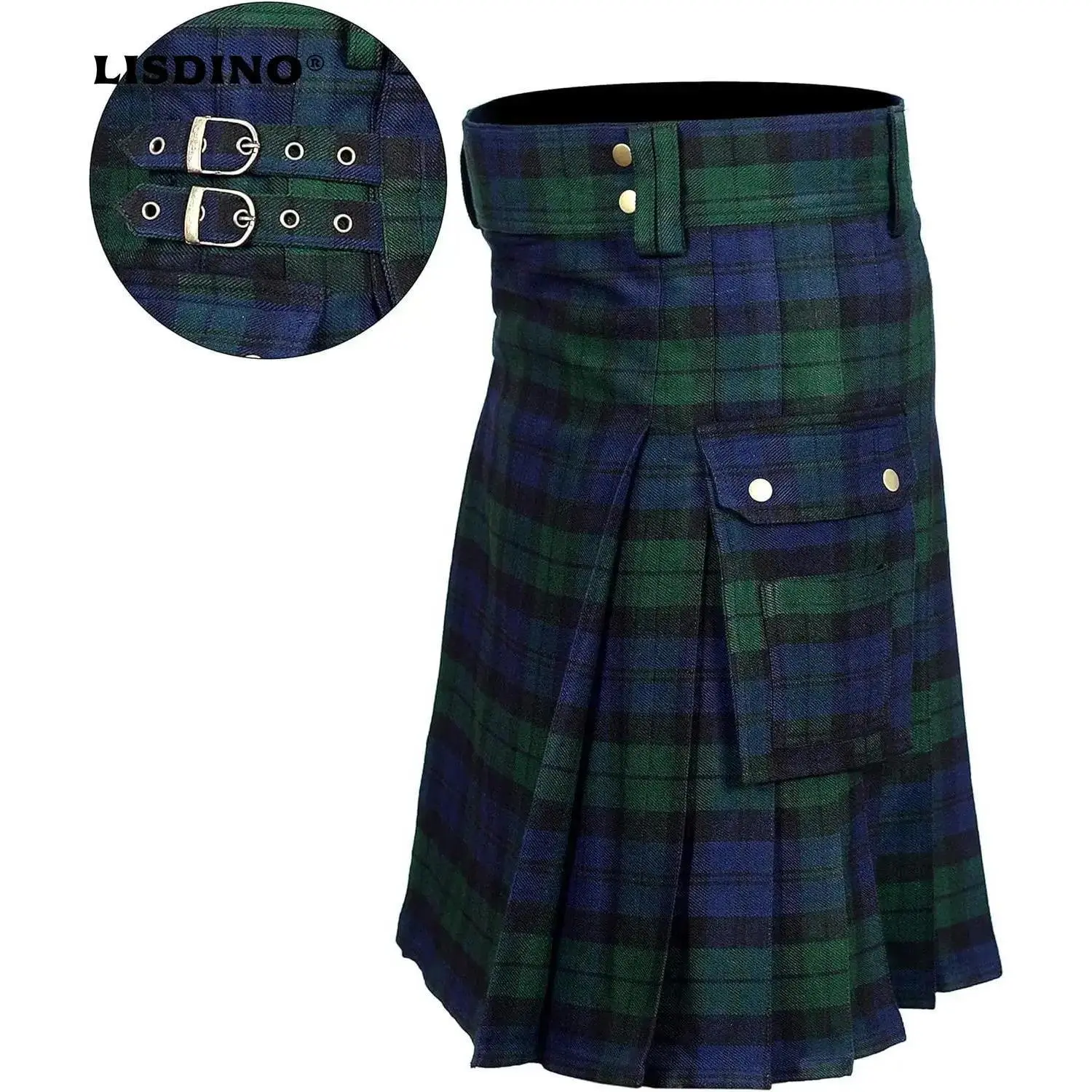 Men's Tartan Utility Kilts - Menswear Clothes with Straps, Large Cargo Pockets, Knitted Fabric, Multi-Size for Costumes & Special Occasions, Plaid Pattern