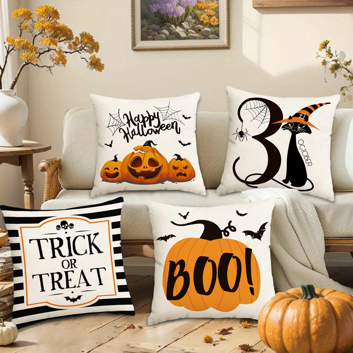 Halloween Themed Pillow Cover, 4 Counts/set Pumpkin & Cat & Skull Pattern Cushion Cover without Filler, Halloween Decoration, Decorative Pillow Cover for Home Sofa Bed