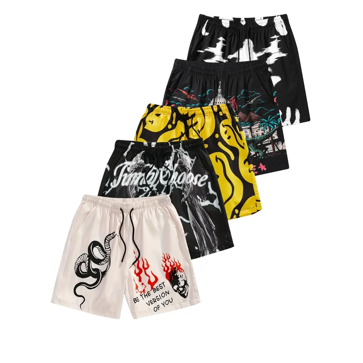 Men's 5-Pack Sporty Chic Graphic Shorts, Breathable Athletic Style with Letter Design & Deep Pockets for Gym, Pool, Beach Day, Men’s Shorts, Polyester Clothes, Quick-Dry, Dry Clean, Lightweight