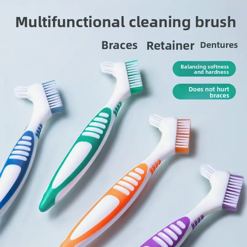Dual Head Denture Brush for Deep Clean Oral Care - Gentle Brushing for Dentures, Aligners & Retainers with Non-Slip Grooved Handle, Unscented, Neutral Pack