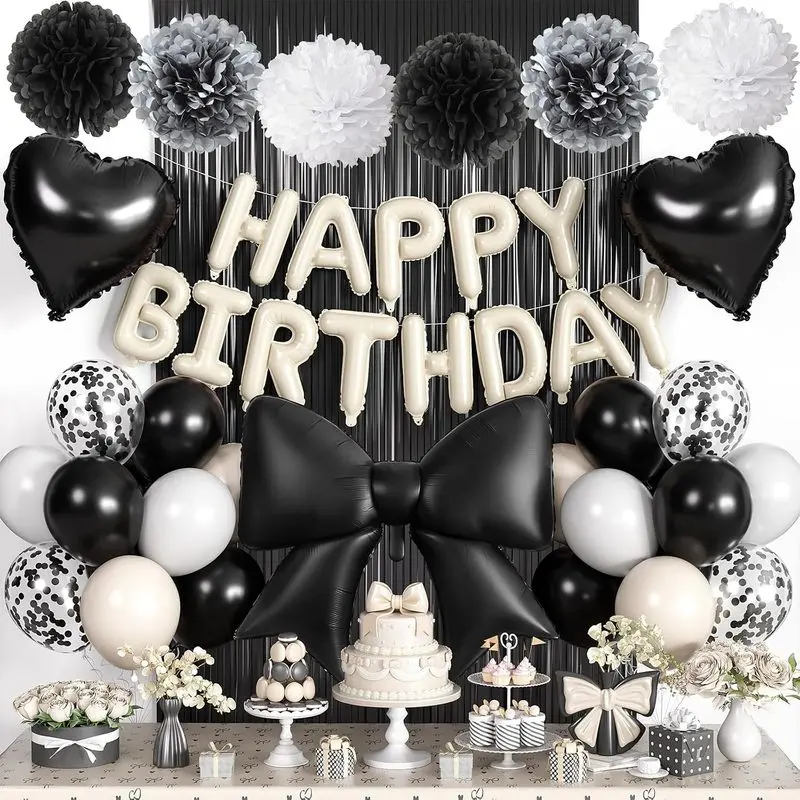 Black White Birthday Decorations for Girls Women, Happy Birthday Balloons | Bow and Heart Foil Balloons Fringe Curtain Tissue Paper Pom Poms Garland for Coquette Birthday Decorations