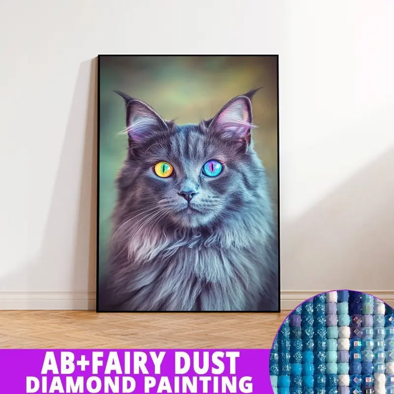 1PC framedless 5D Diamond Painting Kit-Gray Cat with Colorful Heterochromatic Eyes Gray Cat with Colorful Heterochromatic Eyes -Ornament Decorations for Home Resin Diamonds, AB Diamonds & Fairy Dust, Perfect for Adult Diamond Lovers,Holiday Gift