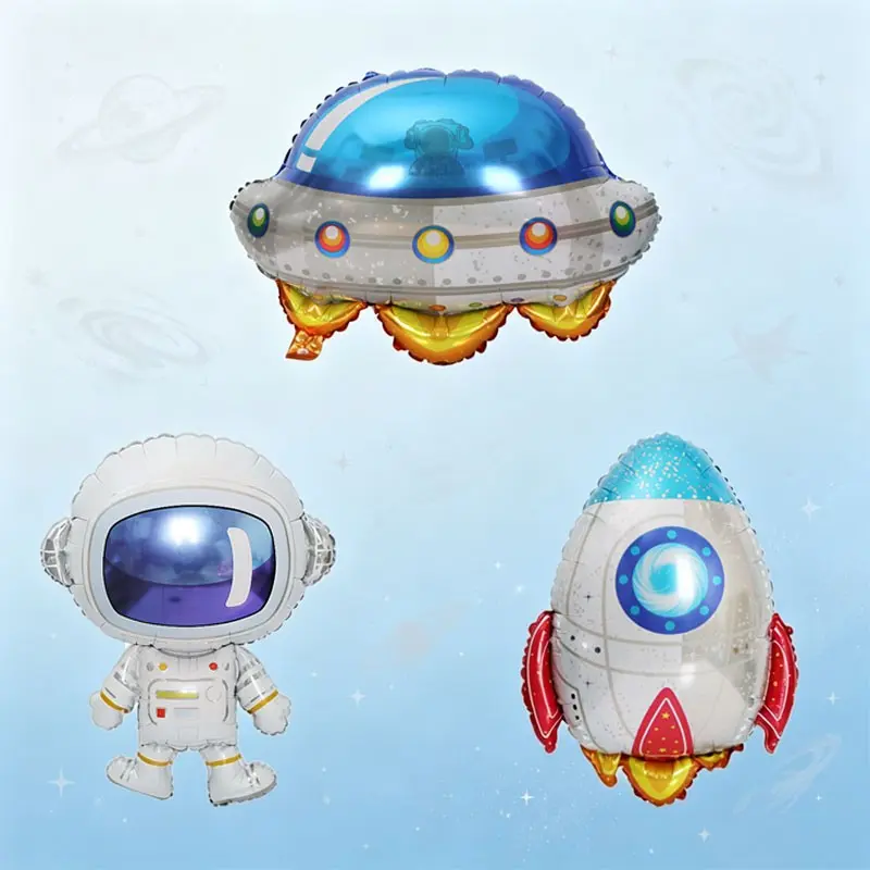 3pcs Blue Space Theme Astronaut Series Kids Birthday Party Decorations, Aluminum Foil Balloons, Rocket, Ufo, Cosmic Theme, Science Activity